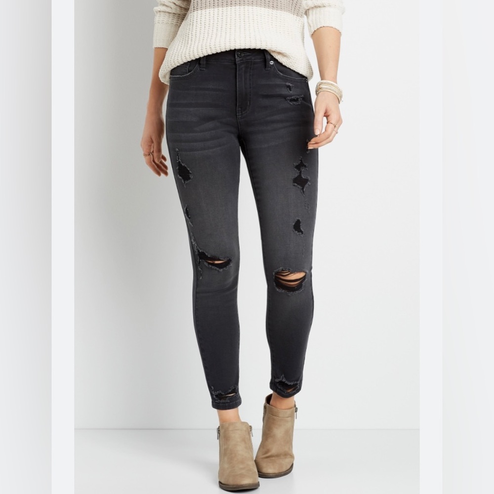 Kancan Maurices Womens Black Distressed Skinny Jeans Size 29 High Rise